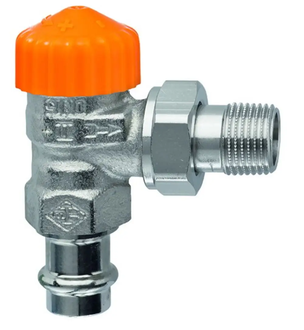 Thermostatventilunterteil aus Metall mit orangefarbener Kappe und einer seitlichen Gewindeverbindung. Hersteller ist IMI Hydronic Engineering.
